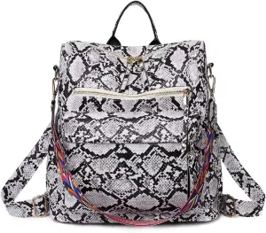 Women Fashion Backpack Purse PU Leather Casual Snake Pattern Shoulder Bag Fashion Ladies Satchel Bags(White)
