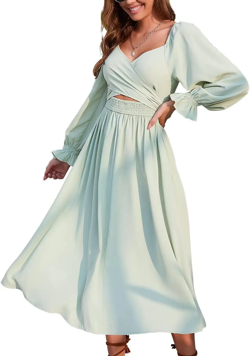 Women Tie Back Long Puff Sleeve Dress Sage Ruffle Wrap Reversible Flowy Casual Midi Dress with Pocket for Party Wedding Beach