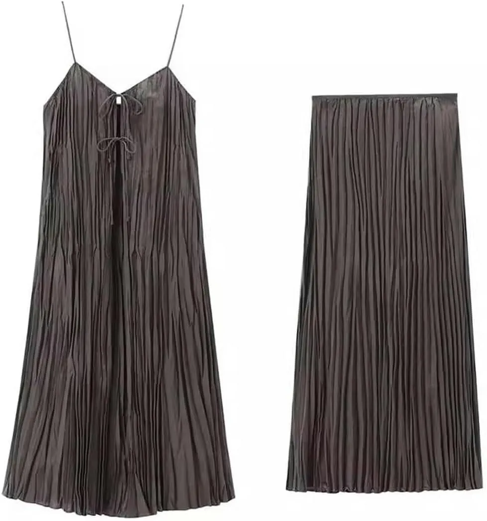 Women's New Art Layered Long Suspender Dress Pleated midi Skirt