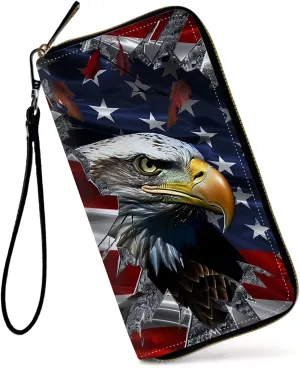 Womens Wallet, Large Capacity RFID Blocking PU Leather Wristlet Wallets for Women Ladies Men Credit Card Holder Zipper Wallet Phone Holder Clutch Travel Purse, American USA Flag Eagle