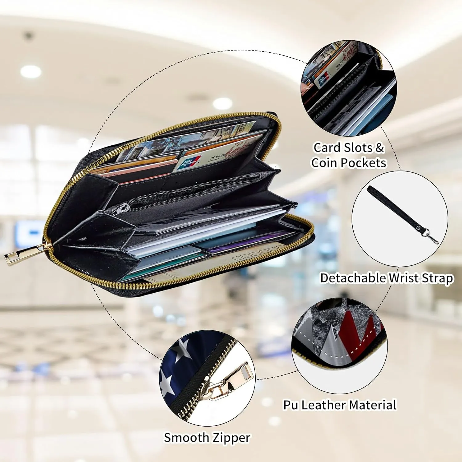 Womens Wallet, Large Capacity RFID Blocking PU Leather Wristlet Wallets for Women Ladies Men Credit Card Holder Zipper Wallet Phone Holder Clutch Travel Purse, American USA Flag Eagle