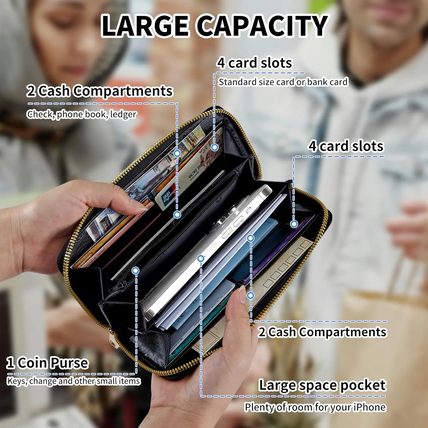 Womens Wallet, Large Capacity RFID Blocking PU Leather Wristlet Wallets for Women Ladies Men Credit Card Holder Zipper Wallet Phone Holder Clutch Travel Purse, American USA Flag Eagle