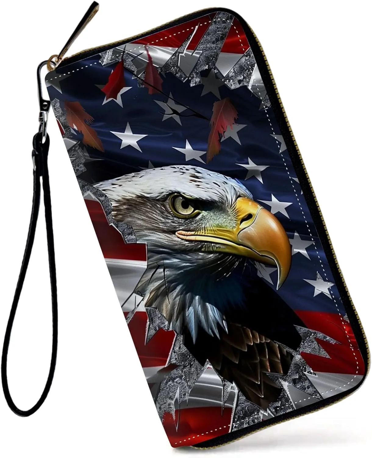 Womens Wallet, Large Capacity RFID Blocking PU Leather Wristlet Wallets for Women Ladies Men Credit Card Holder Zipper Wallet Phone Holder Clutch Travel Purse, American USA Flag Eagle